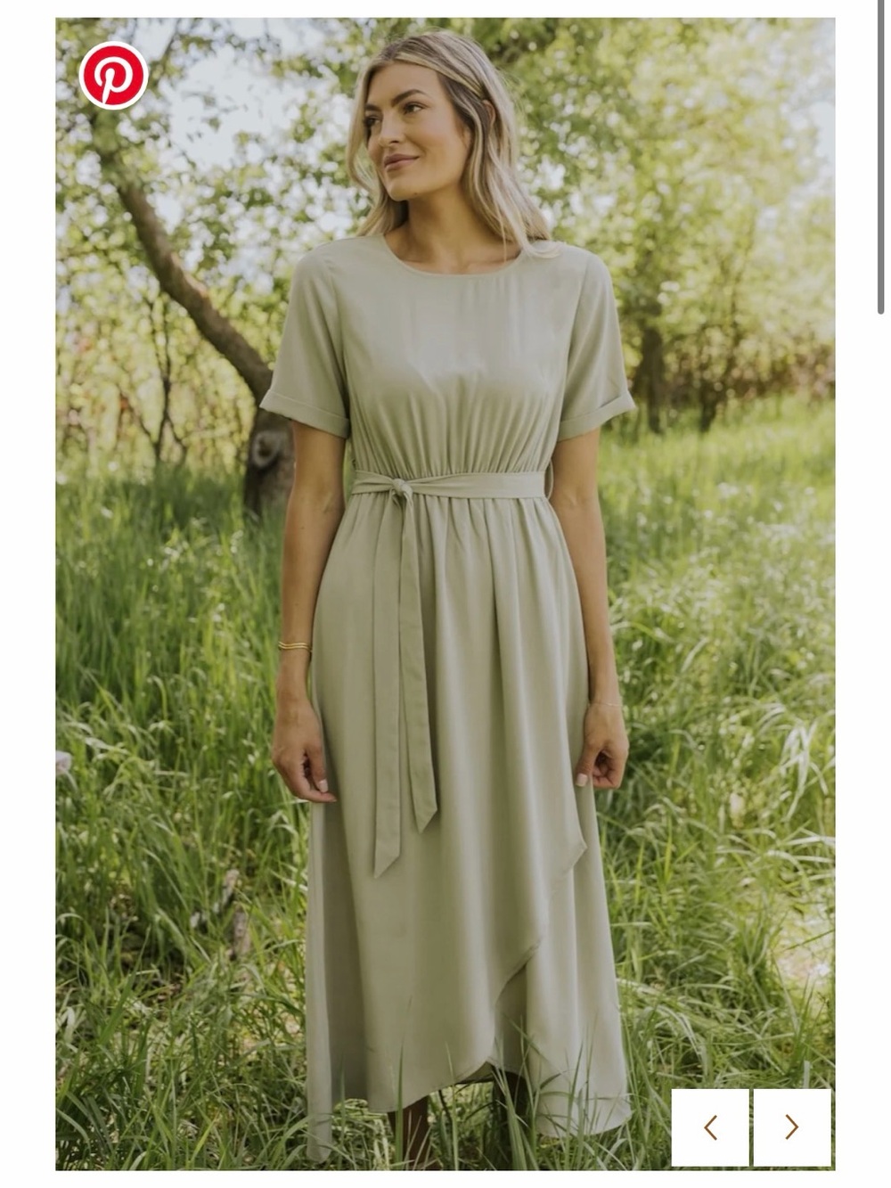 Roolee Sage Tie-Waist Short Sleeve Midi Dress